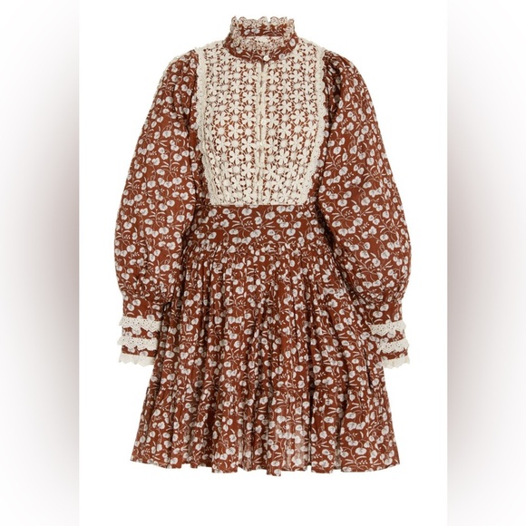 ByTiMo Charming Brown and Cream Cotton Floral Mini Dress - Picture 1 of 4